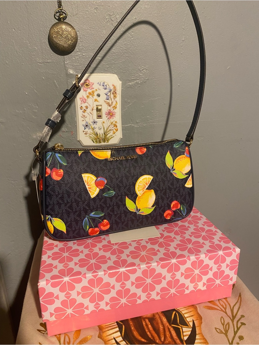 Michael Kors Navy Logo Canvas Citrus Lemon & Cherries purse with Gold Hardware - Picture 2 of 6
